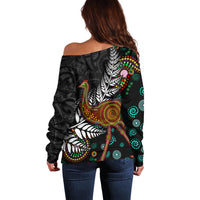 New Zealand Fern and Australia Emu Off Shoulder Sweater Aboriginal Mix Maori Pattern