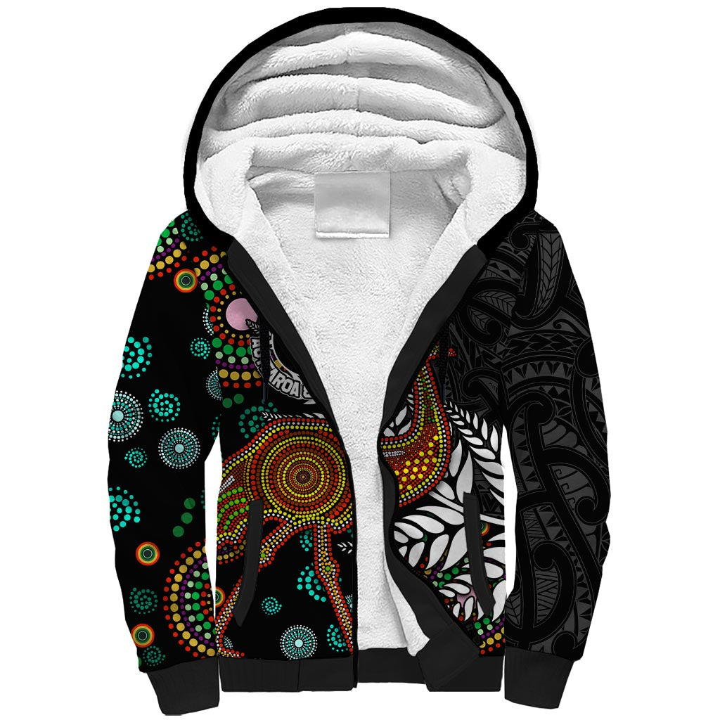 New Zealand Fern and Australia Emu Sherpa Hoodie Aboriginal Mix Maori Pattern
