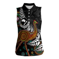 New Zealand Fern and Australia Emu Women Sleeveless Polo Shirt Aboriginal Mix Maori Pattern