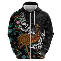 New Zealand Fern and Australia Emu Zip Hoodie Aboriginal Mix Maori Pattern