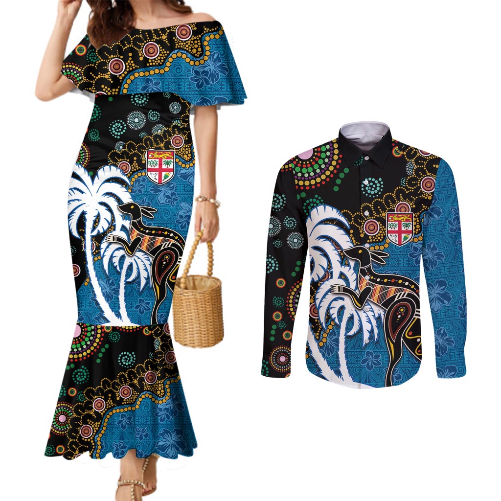 Fiji Palm Tree and Australia Kangaroo Couples Matching Mermaid Dress and Long Sleeve Button Shirt Aboriginal Mix Tapa Pattern