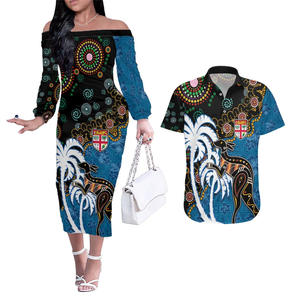 Fiji Palm Tree and Australia Kangaroo Couples Matching Off The Shoulder Long Sleeve Dress and Hawaiian Shirt Aboriginal Mix Tapa Pattern