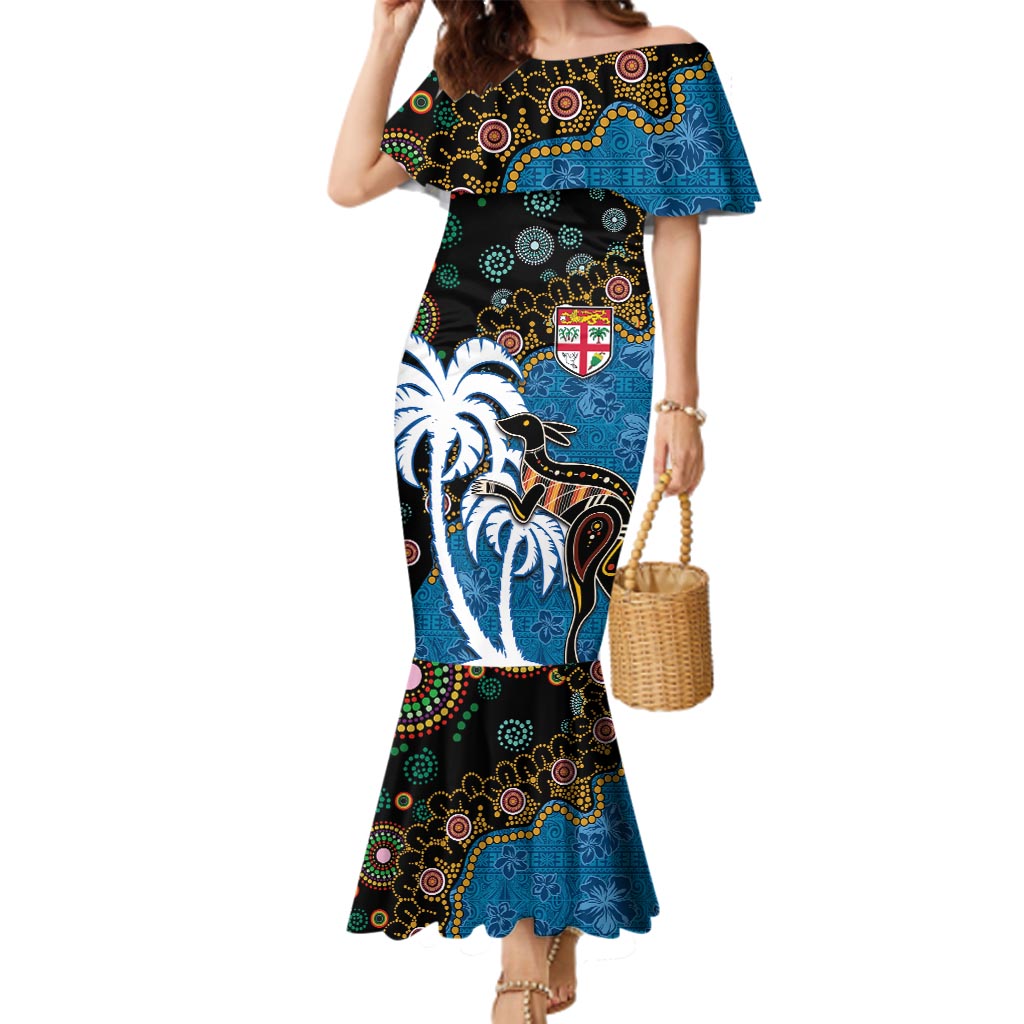 Fiji Palm Tree and Australia Kangaroo Family Matching Mermaid Dress and Hawaiian Shirt Aboriginal Mix Tapa Pattern