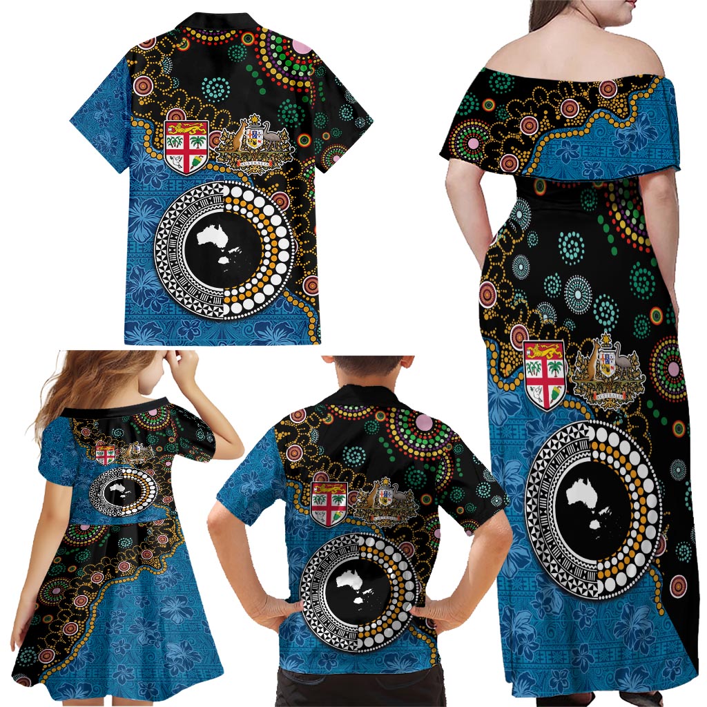 Fiji Palm Tree and Australia Kangaroo Family Matching Off Shoulder Maxi Dress and Hawaiian Shirt Aboriginal Mix Tapa Pattern