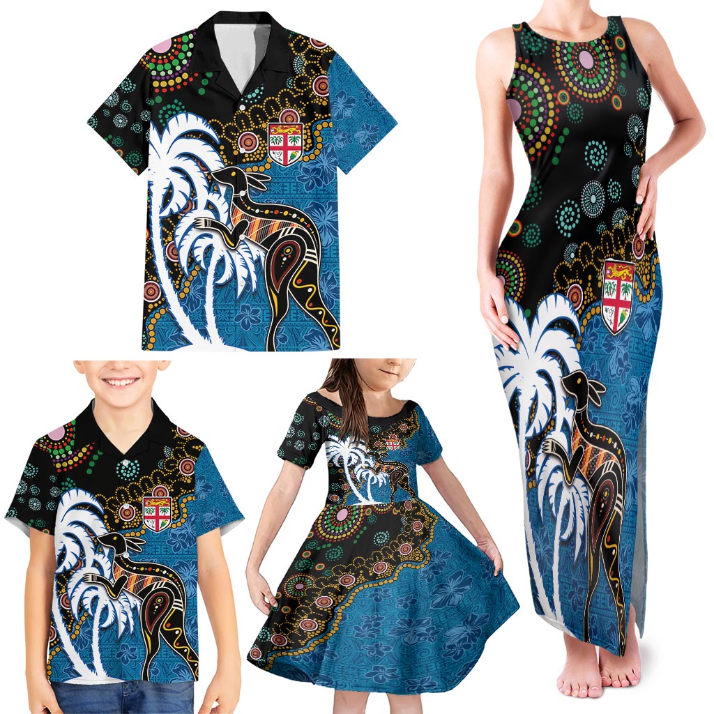 Fiji Palm Tree and Australia Kangaroo Family Matching Tank Maxi Dress and Hawaiian Shirt Aboriginal Mix Tapa Pattern