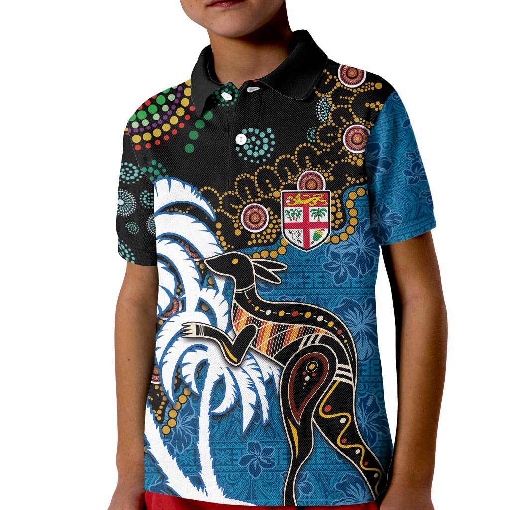 Fiji Palm Tree and Australia Kangaroo Kid Polo Shirt Aboriginal Mix Tapa Pattern