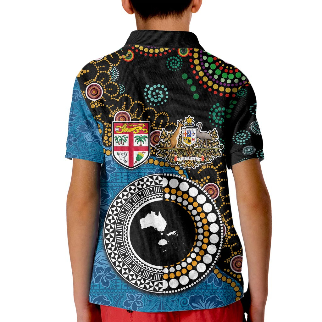Fiji Palm Tree and Australia Kangaroo Kid Polo Shirt Aboriginal Mix Tapa Pattern