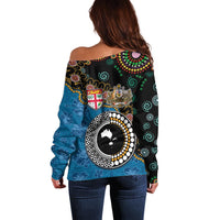 Fiji Palm Tree and Australia Kangaroo Off Shoulder Sweater Aboriginal Mix Tapa Pattern