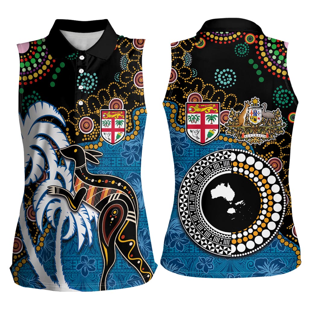 Fiji Palm Tree and Australia Kangaroo Women Sleeveless Polo Shirt Aboriginal Mix Tapa Pattern
