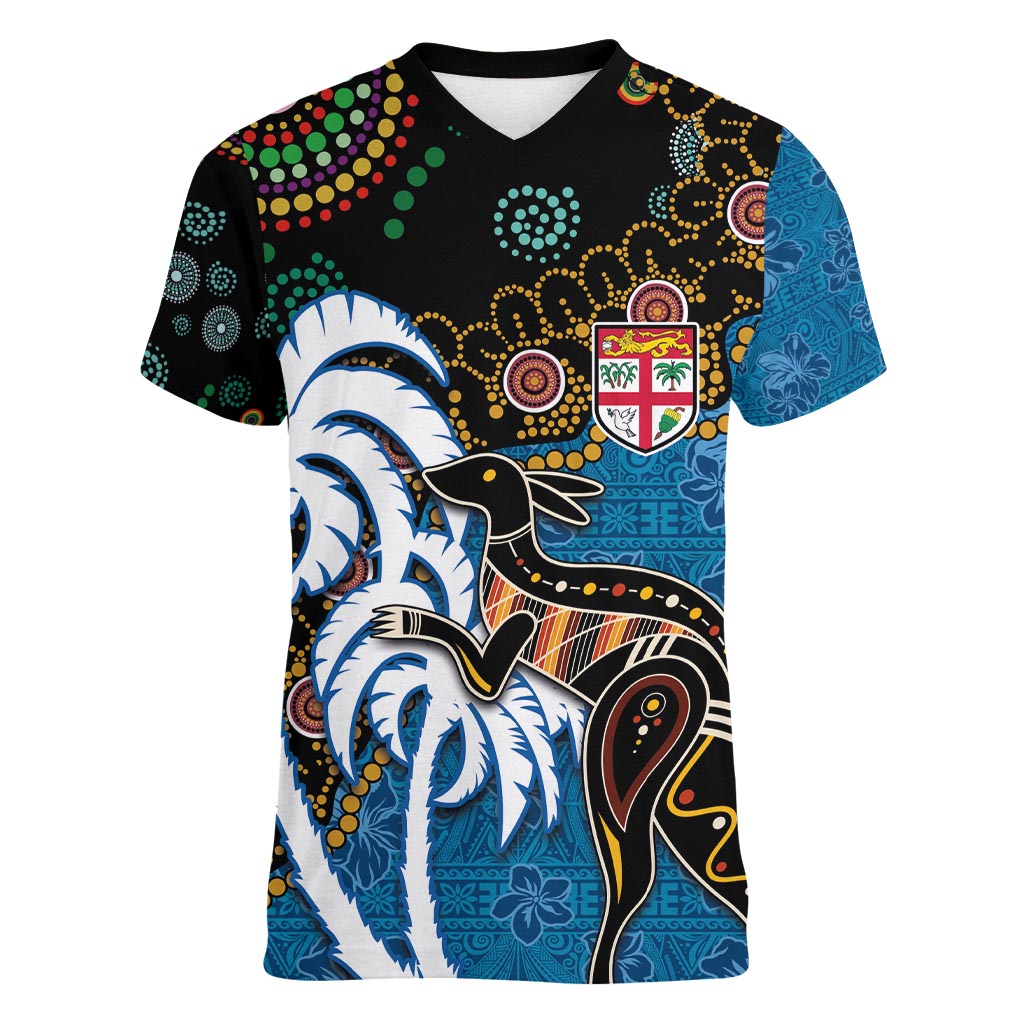 Fiji Palm Tree and Australia Kangaroo Women V-Neck T-Shirt Aboriginal Mix Tapa Pattern