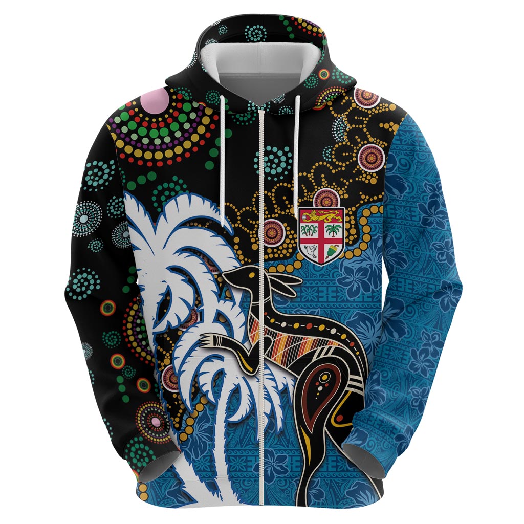 Fiji Palm Tree and Australia Kangaroo Zip Hoodie Aboriginal Mix Tapa Pattern