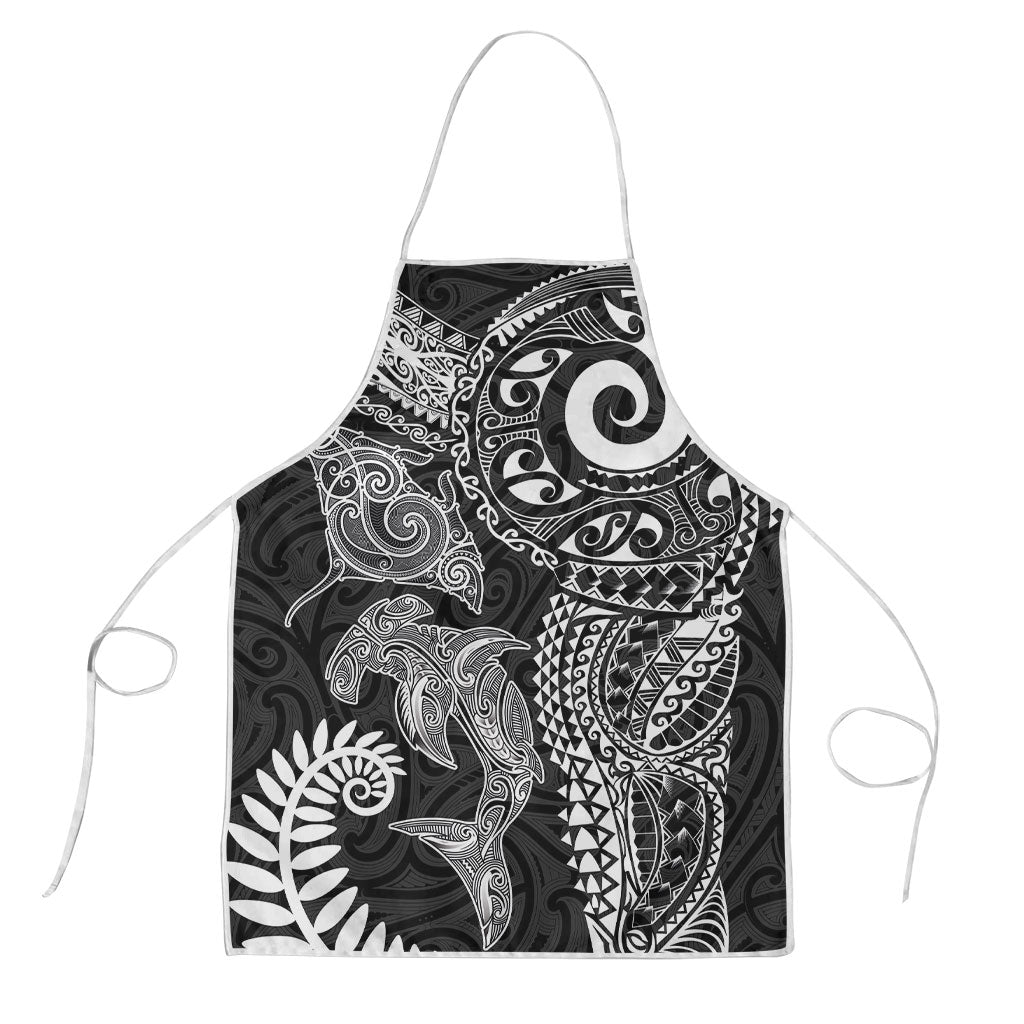 Aotearoa Maori Sea Animals Tribal Apron Manta Ray and Shark Moko Pattern Black Color