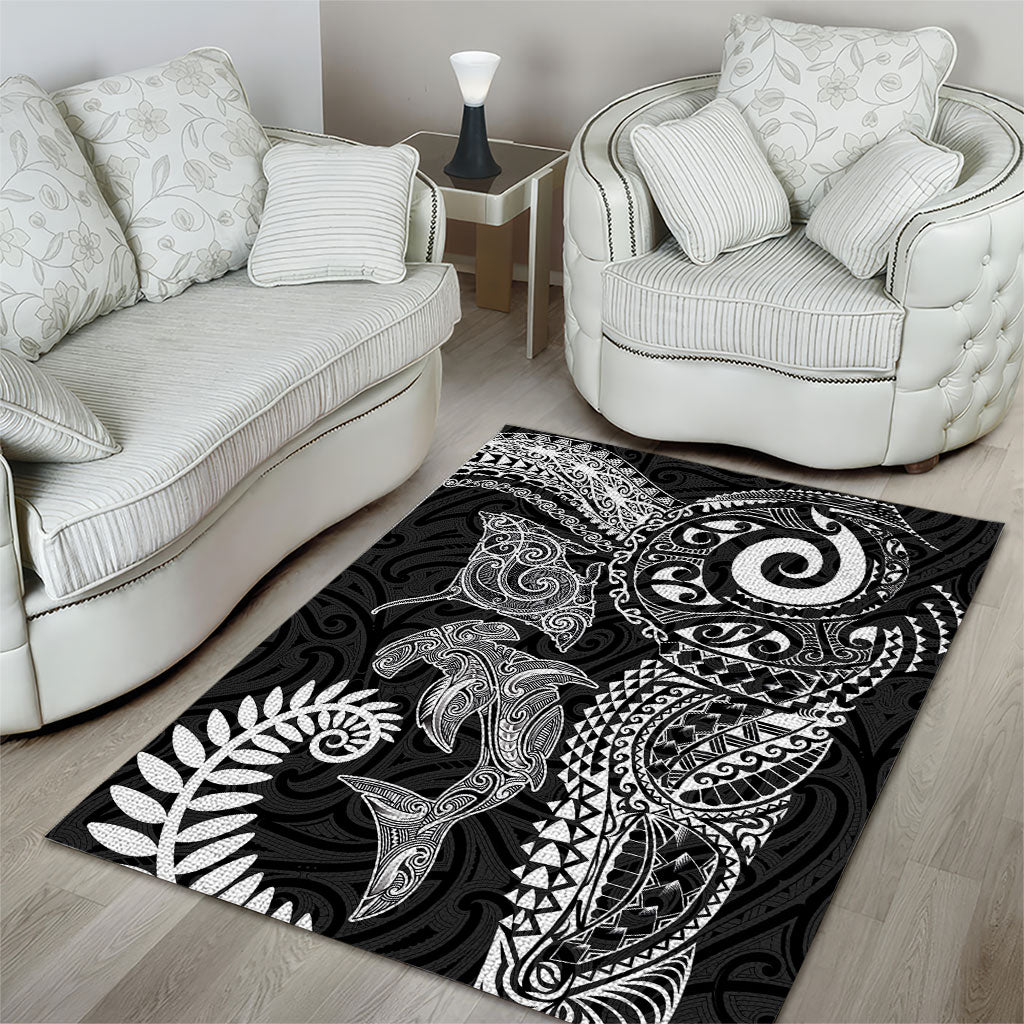 Aotearoa Maori Sea Animals Tribal Area Rug Manta Ray and Shark Moko Pattern Black Color