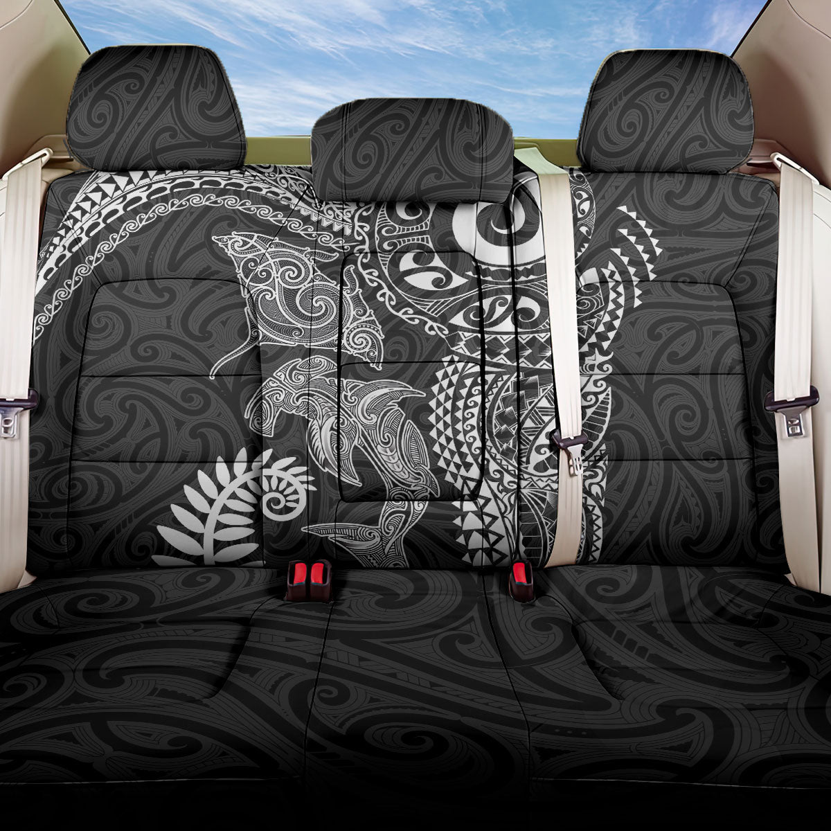 Aotearoa Maori Sea Animals Tribal Back Car Seat Cover Manta Ray and Shark Moko Pattern Black Color