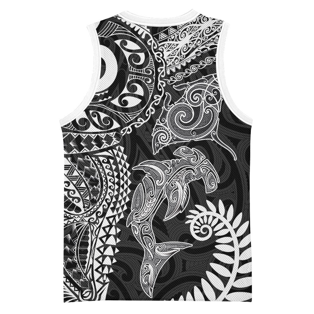 Aotearoa Maori Sea Animals Tribal Basketball Jersey Manta Ray and Shark Moko Pattern Black Color