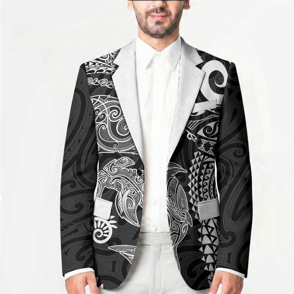 Aotearoa Maori Sea Animals Tribal Blazer Manta Ray and Shark Moko Pattern Black Color
