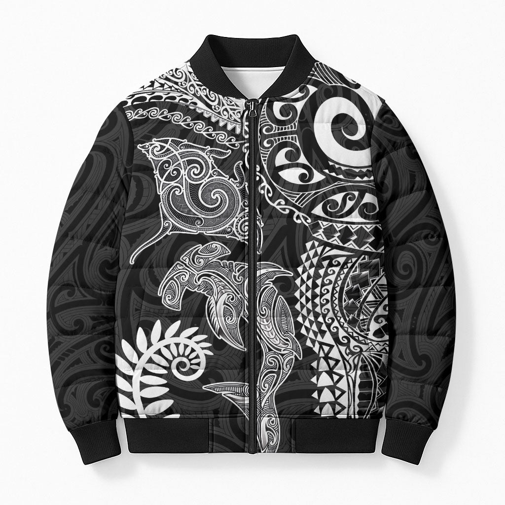 Aotearoa Maori Sea Animals Tribal Bomber Puffer Jacket Manta Ray and Shark Moko Pattern Black Color