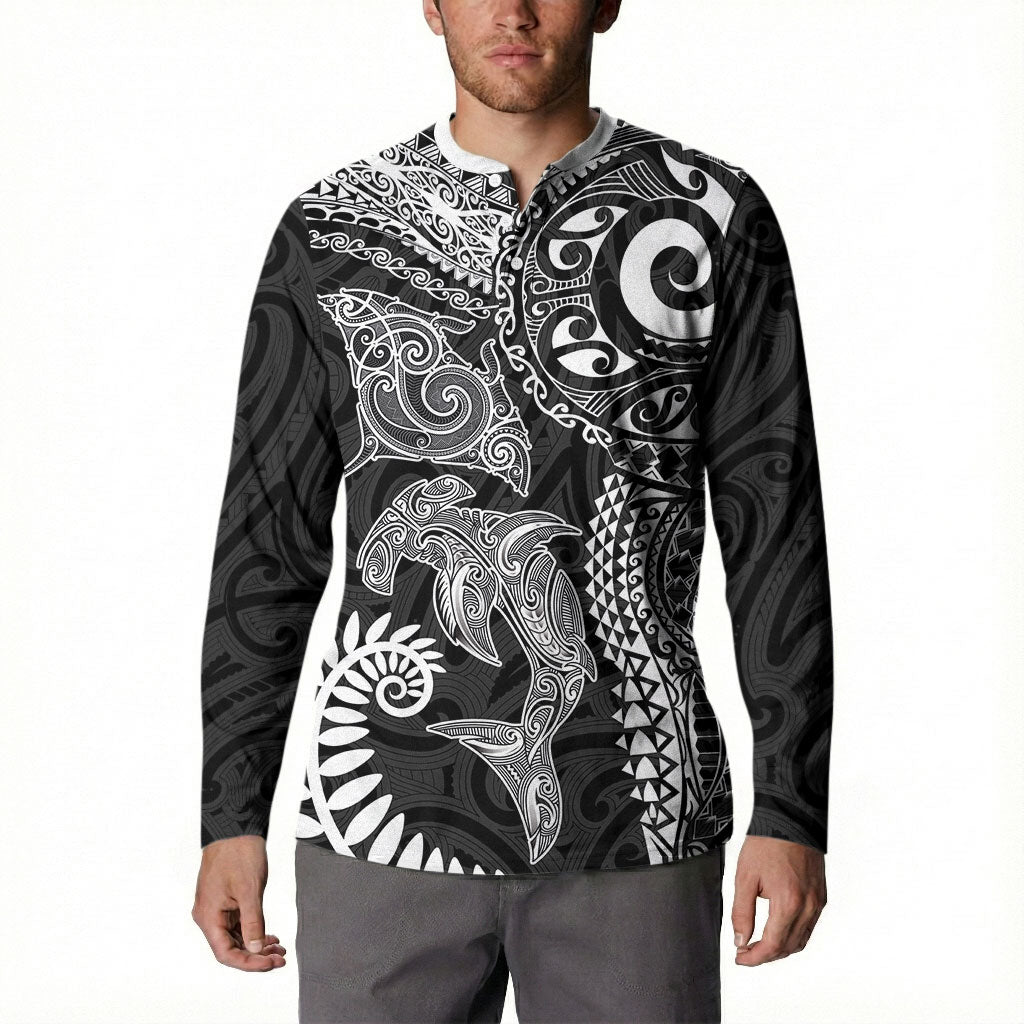 Aotearoa Maori Sea Animals Tribal Button Sweatshirt Manta Ray and Shark Moko Pattern Black Color