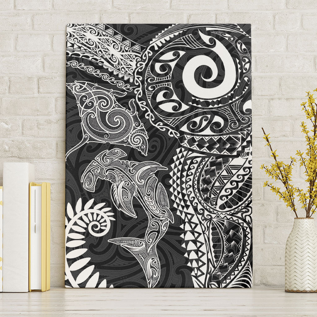 Aotearoa Maori Sea Animals Tribal Canvas Wall Art Manta Ray and Shark Moko Pattern Black Color LT03 Without Frame Black - Polynesian Pride