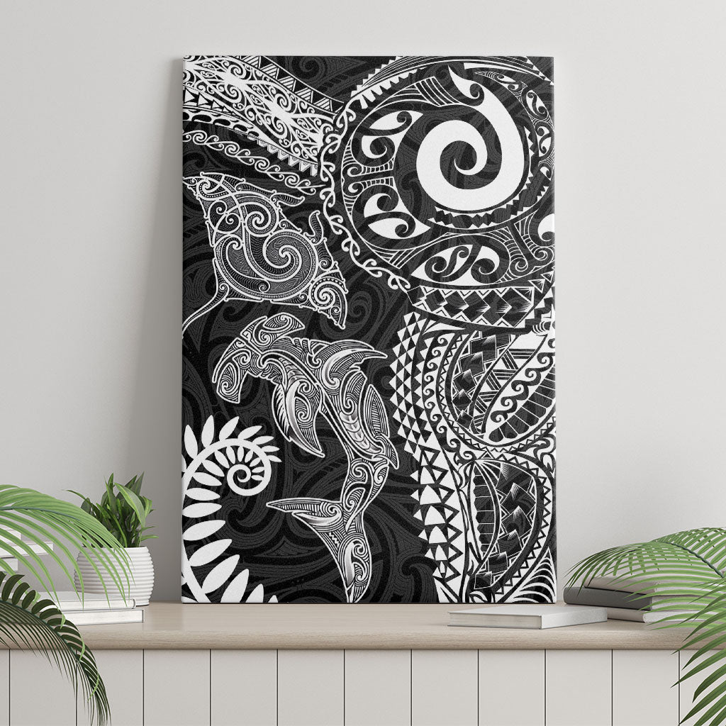 Aotearoa Maori Sea Animals Tribal Canvas Wall Art Manta Ray and Shark Moko Pattern Black Color LT03 - Polynesian Pride