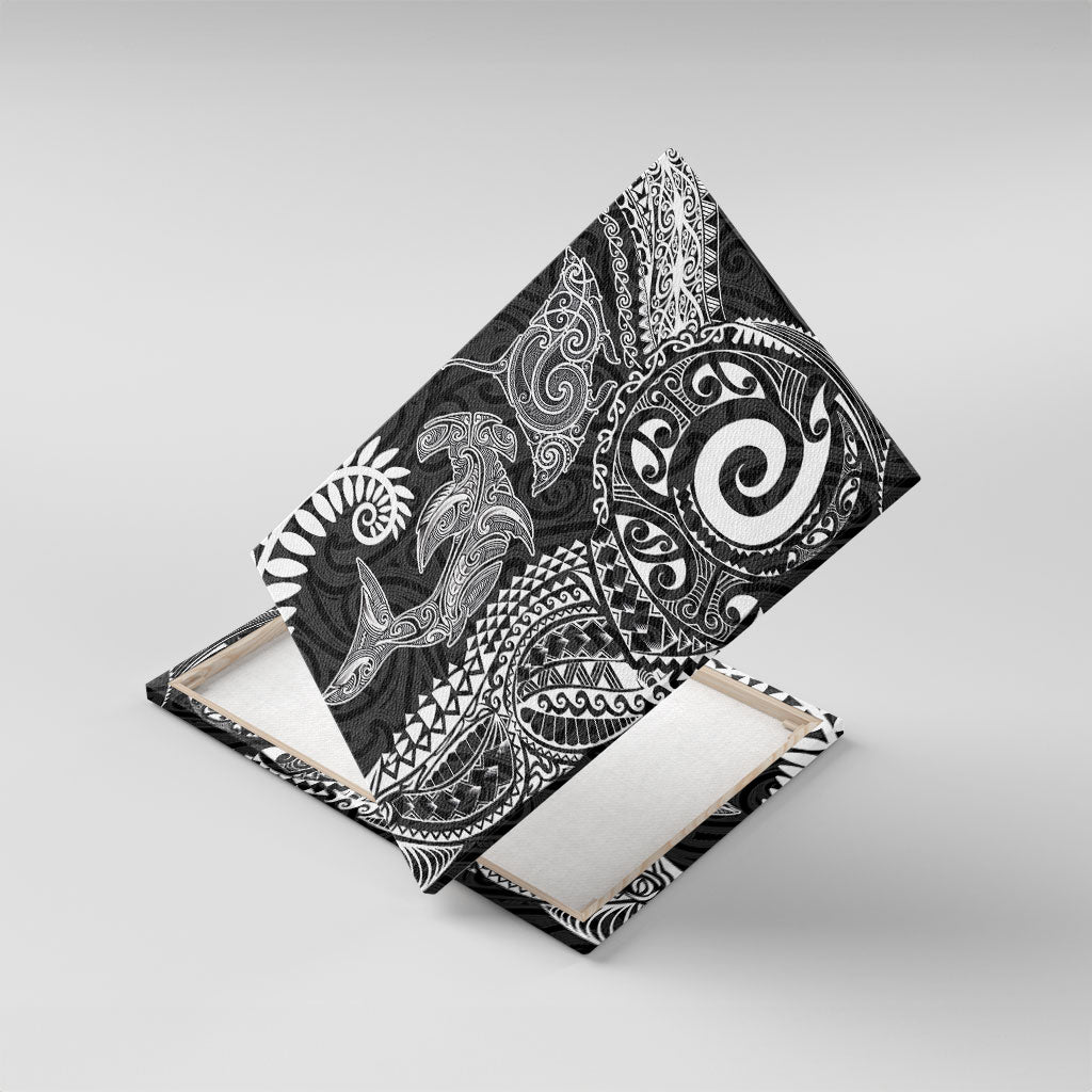 Aotearoa Maori Sea Animals Tribal Canvas Wall Art Manta Ray and Shark Moko Pattern Black Color LT03 With Frame Black - Polynesian Pride