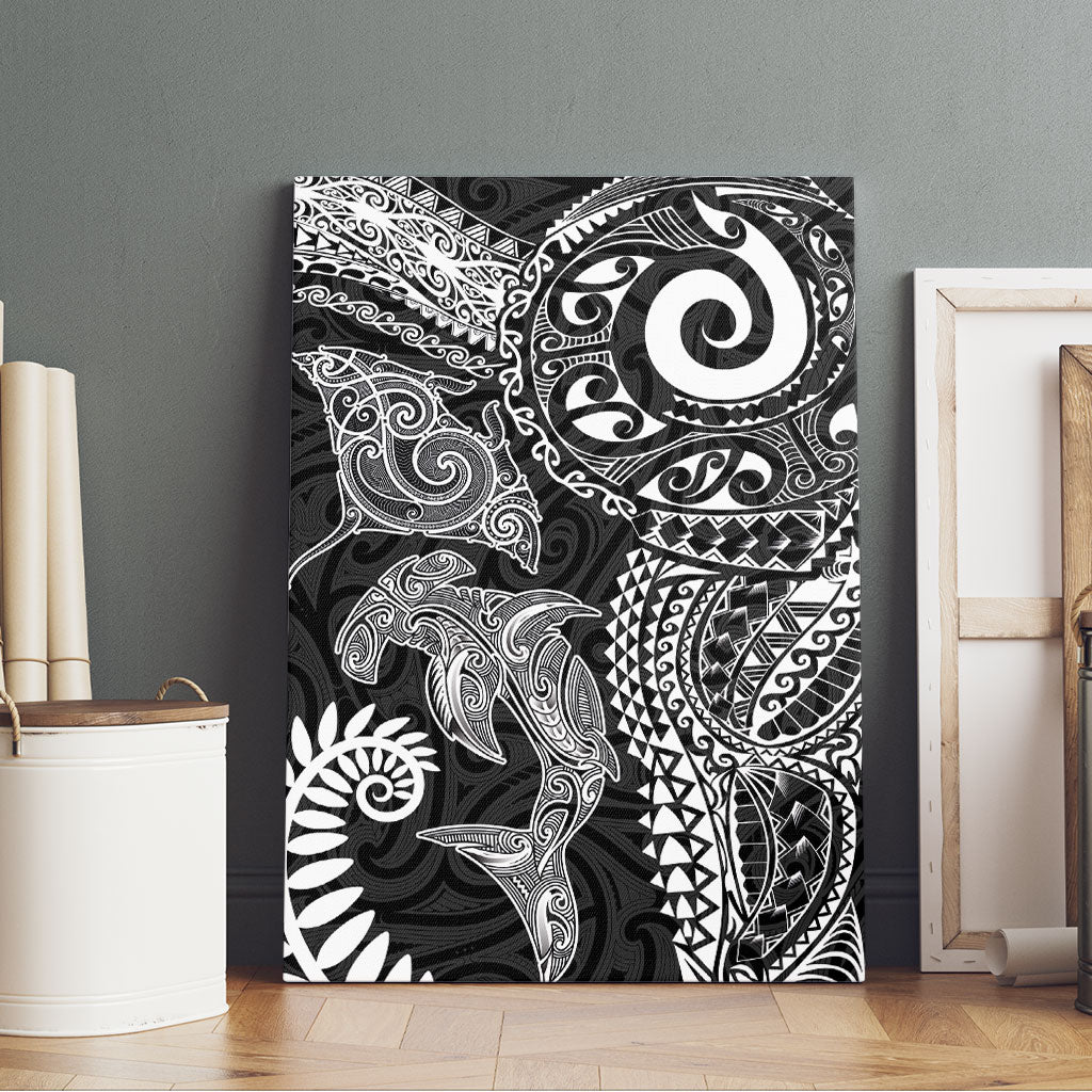 Aotearoa Maori Sea Animals Tribal Canvas Wall Art Manta Ray and Shark Moko Pattern Black Color LT03 - Polynesian Pride