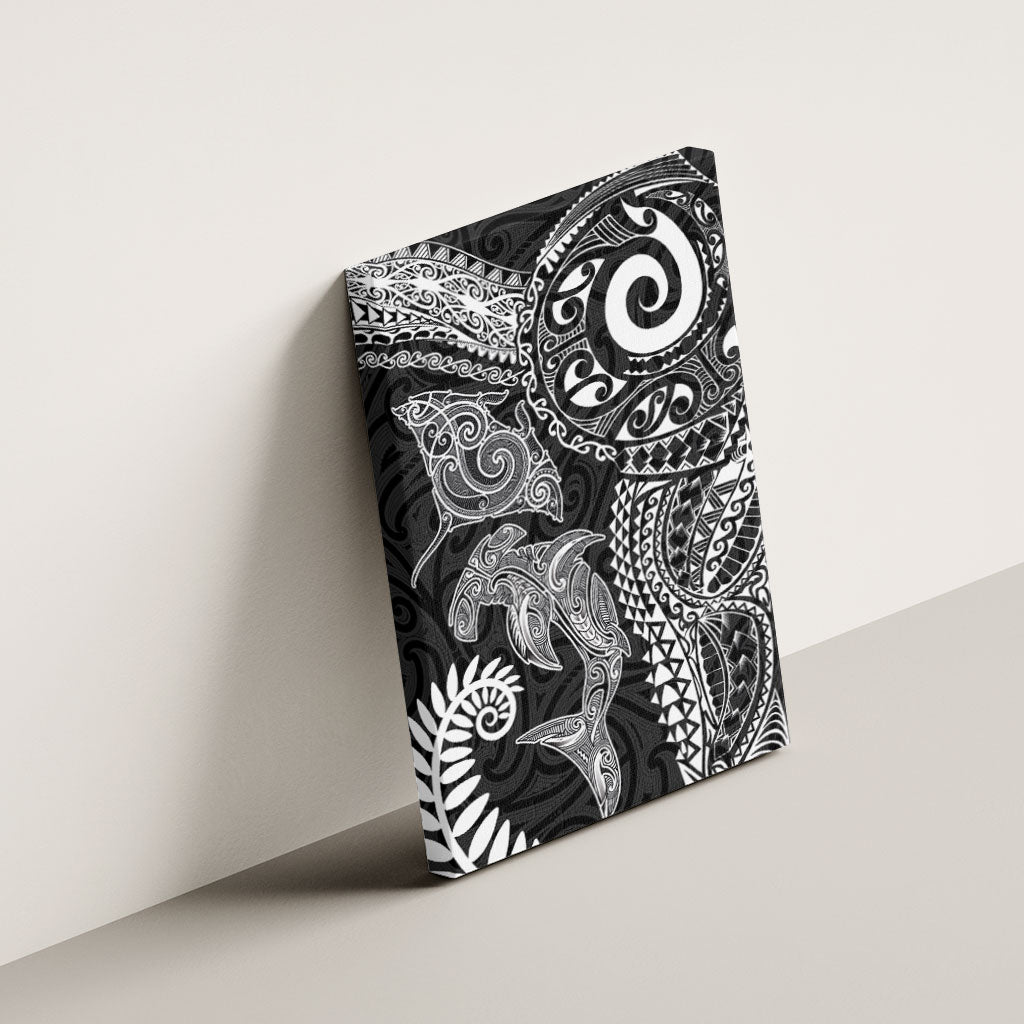 Aotearoa Maori Sea Animals Tribal Canvas Wall Art Manta Ray and Shark Moko Pattern Black Color LT03 - Polynesian Pride