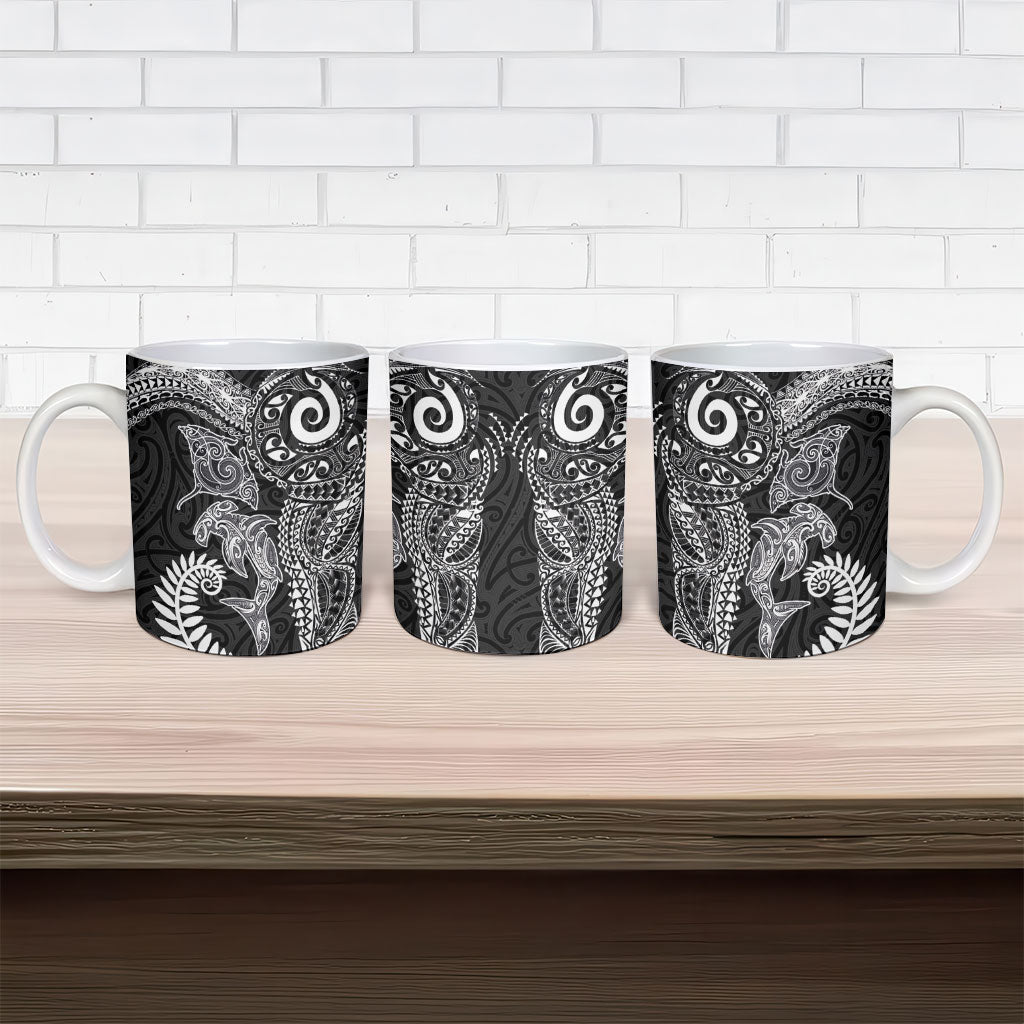 Aotearoa Maori Sea Animals Tribal Ceramic Mug Manta Ray and Shark Moko Pattern Black Color