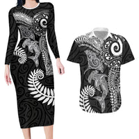 Aotearoa Maori Sea Animals Tribal Couples Matching Long Sleeve Bodycon Dress and Hawaiian Shirt Manta Ray and Shark Moko Pattern Black Color