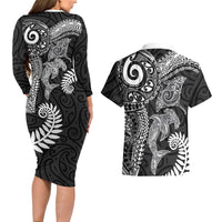 Aotearoa Maori Sea Animals Tribal Couples Matching Long Sleeve Bodycon Dress and Hawaiian Shirt Manta Ray and Shark Moko Pattern Black Color