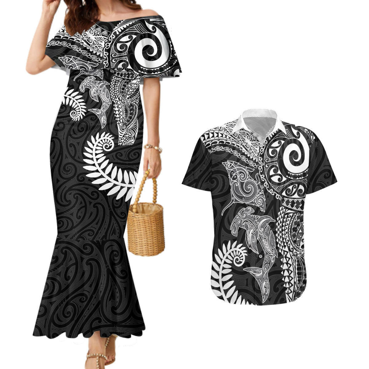 Aotearoa Maori Sea Animals Tribal Couples Matching Mermaid Dress and Hawaiian Shirt Manta Ray and Shark Moko Pattern Black Color