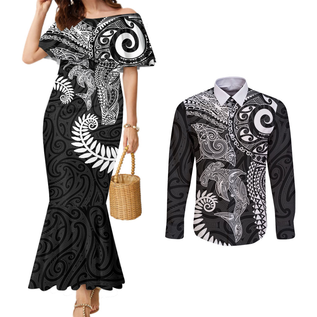 Aotearoa Maori Sea Animals Tribal Couples Matching Mermaid Dress and Long Sleeve Button Shirt Manta Ray and Shark Moko Pattern Black Color