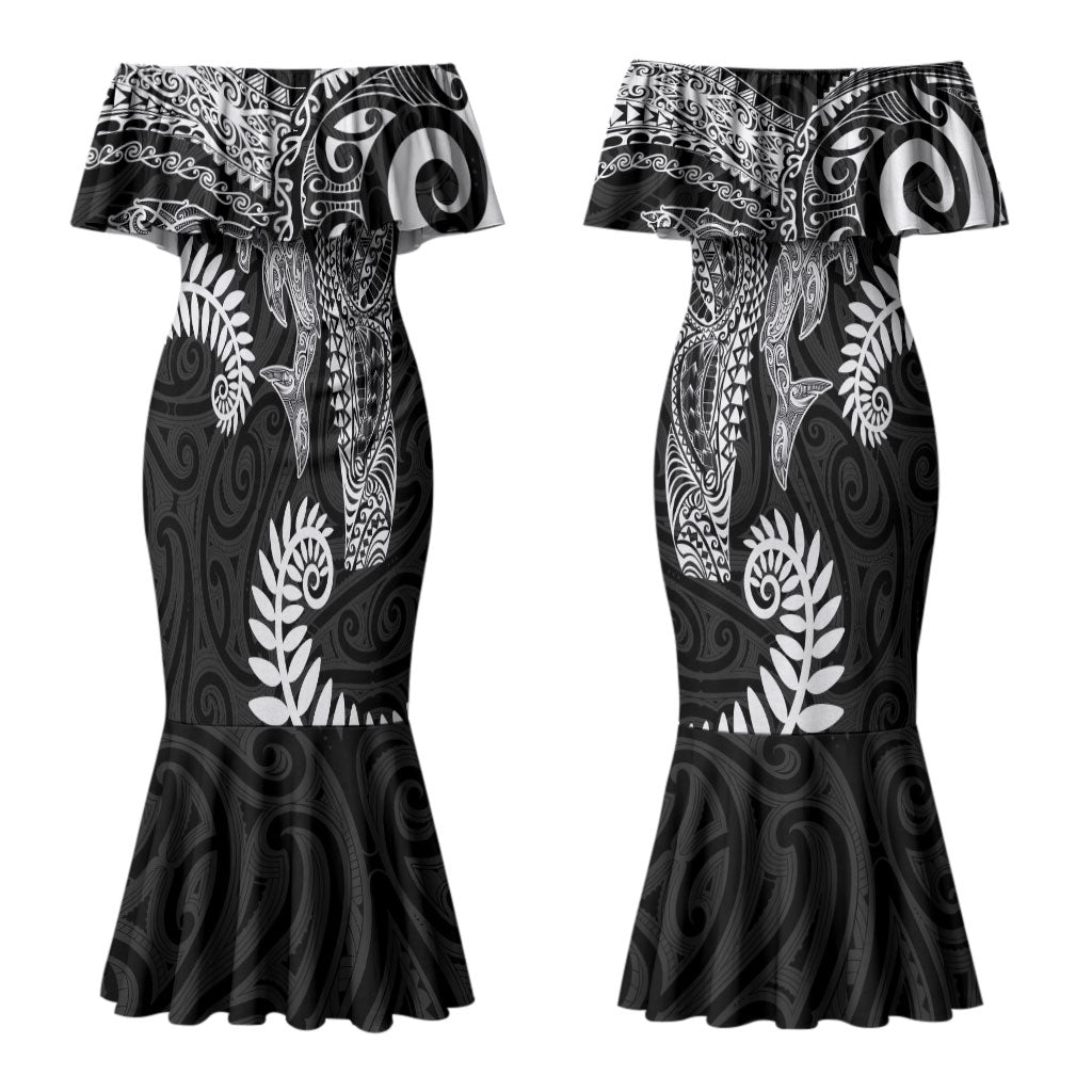 Aotearoa Maori Sea Animals Tribal Couples Matching Mermaid Dress and Long Sleeve Button Shirt Manta Ray and Shark Moko Pattern Black Color LT03 - Polynesian Pride