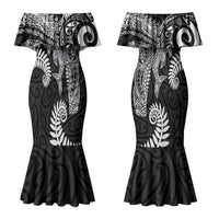 Aotearoa Maori Sea Animals Tribal Couples Matching Mermaid Dress and Long Sleeve Button Shirt Manta Ray and Shark Moko Pattern Black Color LT03 - Polynesian Pride