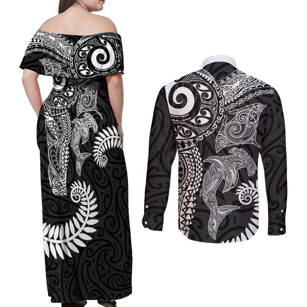 Aotearoa Maori Sea Animals Tribal Couples Matching Off Shoulder Maxi Dress and Long Sleeve Button Shirt Manta Ray and Shark Moko Pattern Black Color