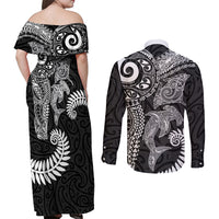 Aotearoa Maori Sea Animals Tribal Couples Matching Off Shoulder Maxi Dress and Long Sleeve Button Shirt Manta Ray and Shark Moko Pattern Black Color