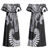Aotearoa Maori Sea Animals Tribal Couples Matching Off Shoulder Maxi Dress and Long Sleeve Button Shirt Manta Ray and Shark Moko Pattern Black Color LT03 - Polynesian Pride