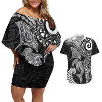 Aotearoa Maori Sea Animals Tribal Couples Matching Off Shoulder Short Dress and Hawaiian Shirt Manta Ray and Shark Moko Pattern Black Color