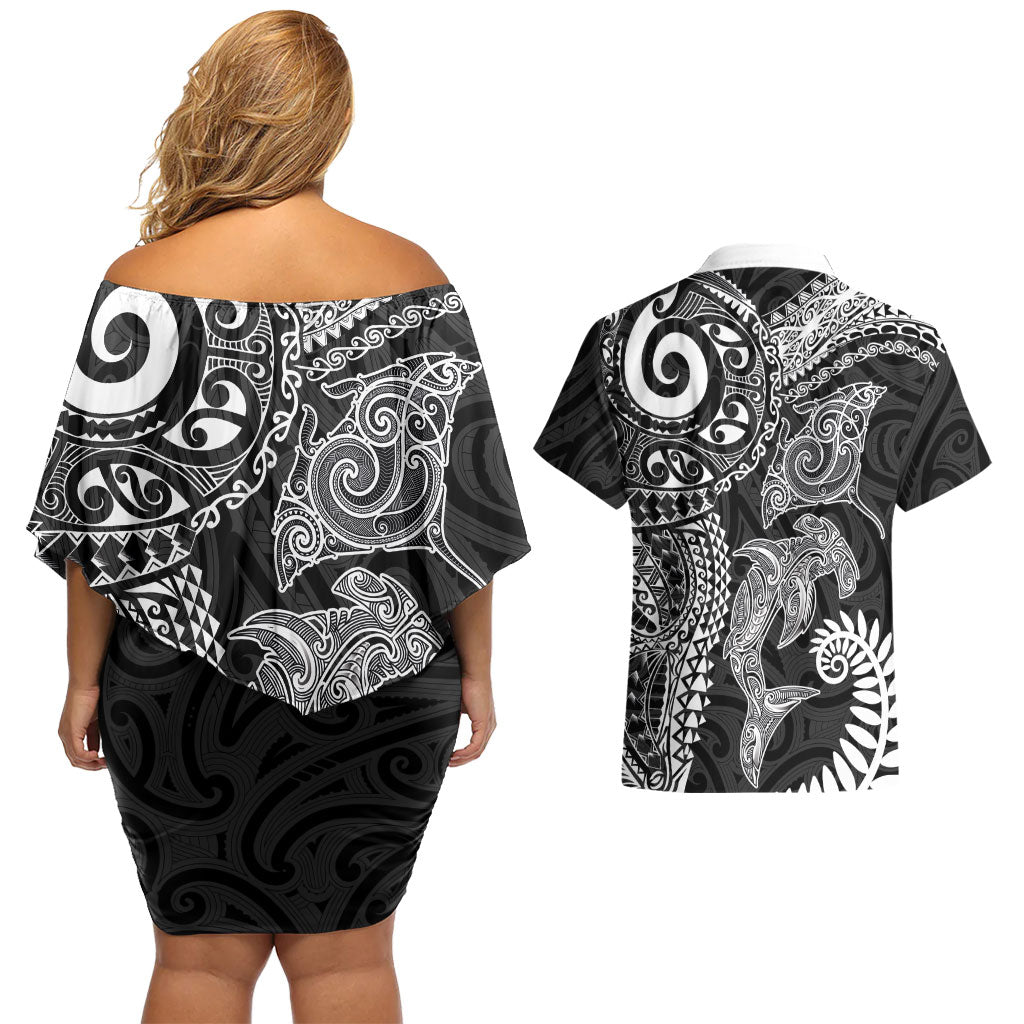Aotearoa Maori Sea Animals Tribal Couples Matching Off Shoulder Short Dress and Hawaiian Shirt Manta Ray and Shark Moko Pattern Black Color