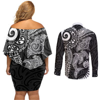 Aotearoa Maori Sea Animals Tribal Couples Matching Off Shoulder Short Dress and Long Sleeve Button Shirt Manta Ray and Shark Moko Pattern Black Color