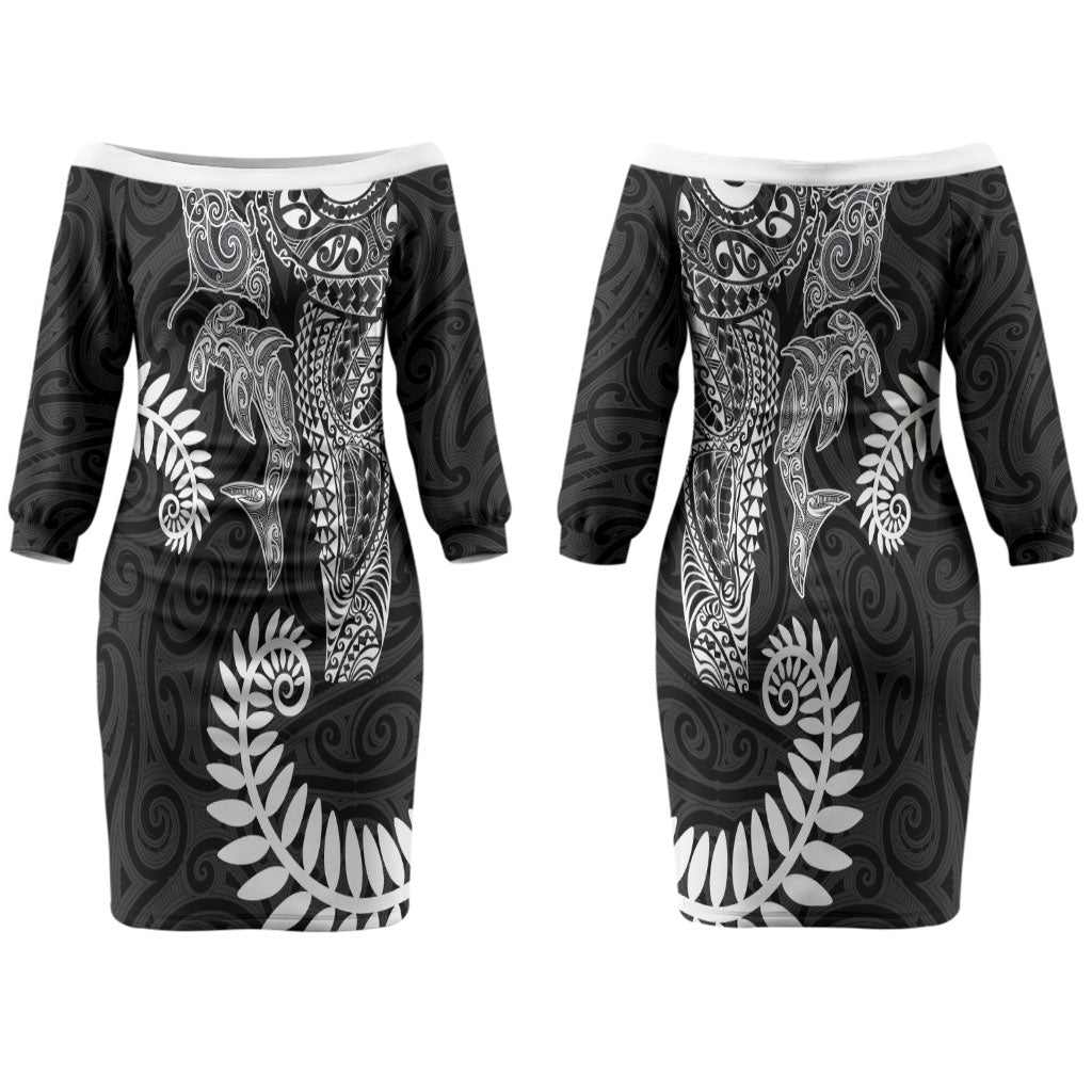 Aotearoa Maori Sea Animals Tribal Couples Matching Off The Shoulder Long Sleeve Dress and Hawaiian Shirt Manta Ray and Shark Moko Pattern Black Color LT03 - Polynesian Pride
