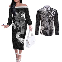Aotearoa Maori Sea Animals Tribal Couples Matching Off The Shoulder Long Sleeve Dress and Long Sleeve Button Shirt Manta Ray and Shark Moko Pattern Black Color