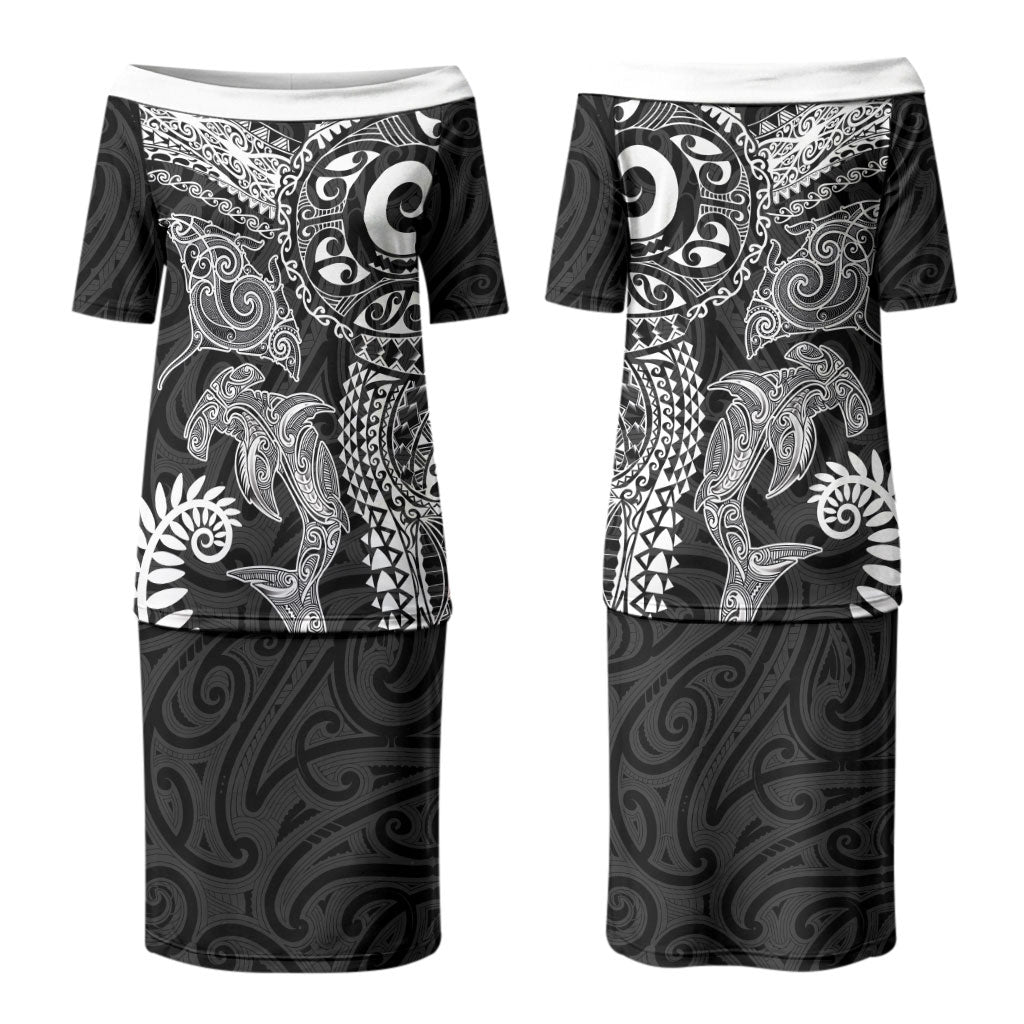 Aotearoa Maori Sea Animals Tribal Couples Matching Puletasi and Hawaiian Shirt Manta Ray and Shark Moko Pattern Black Color LT03 - Polynesian Pride