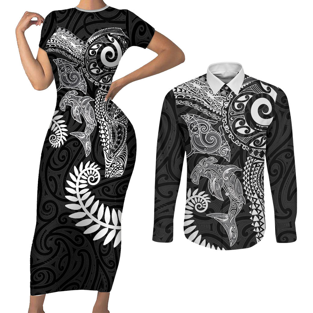 Aotearoa Maori Sea Animals Tribal Couples Matching Short Sleeve Bodycon Dress and Long Sleeve Button Shirt Manta Ray and Shark Moko Pattern Black Color