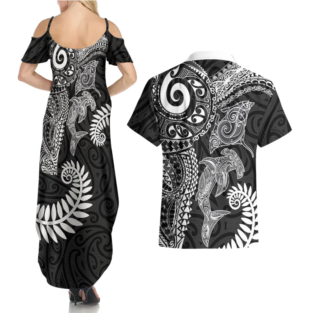 Aotearoa Maori Sea Animals Tribal Couples Matching Summer Maxi Dress and Hawaiian Shirt Manta Ray and Shark Moko Pattern Black Color