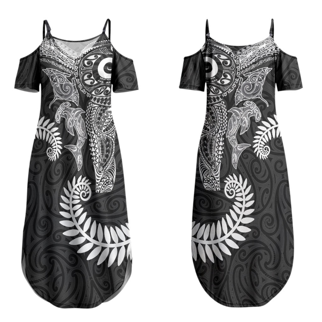 Aotearoa Maori Sea Animals Tribal Couples Matching Summer Maxi Dress and Long Sleeve Button Shirt Manta Ray and Shark Moko Pattern Black Color LT03 - Polynesian Pride