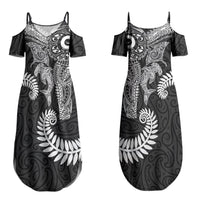 Aotearoa Maori Sea Animals Tribal Couples Matching Summer Maxi Dress and Long Sleeve Button Shirt Manta Ray and Shark Moko Pattern Black Color LT03 - Polynesian Pride