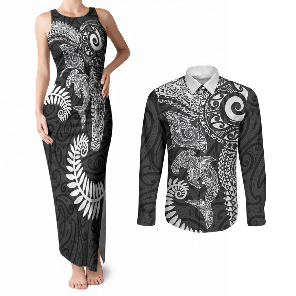 Aotearoa Maori Sea Animals Tribal Couples Matching Tank Maxi Dress and Long Sleeve Button Shirt Manta Ray and Shark Moko Pattern Black Color LT03 Black - Polynesian Pride