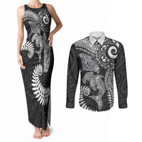 Aotearoa Maori Sea Animals Tribal Couples Matching Tank Maxi Dress and Long Sleeve Button Shirt Manta Ray and Shark Moko Pattern Black Color LT03 Black - Polynesian Pride
