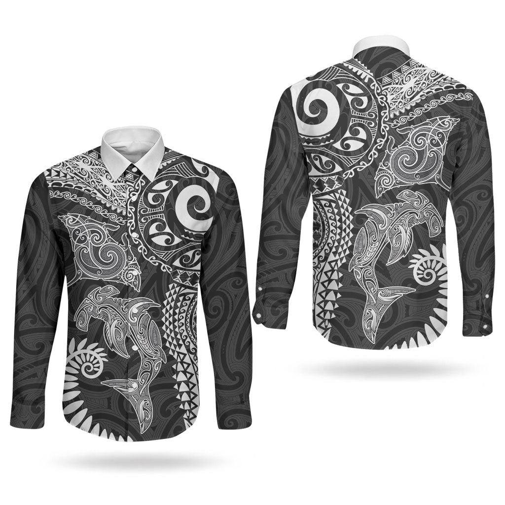 Aotearoa Maori Sea Animals Tribal Couples Matching Tank Maxi Dress and Long Sleeve Button Shirt Manta Ray and Shark Moko Pattern Black Color LT03 - Polynesian Pride